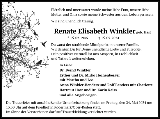 Todesanzeige von Renate Elisabeth Winkler von OF