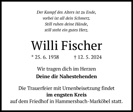 Todesanzeige von Willi Fischer von OF