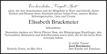 Todesanzeige von Elisabeth Bruckmeier von merkurtz