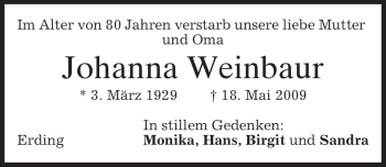 Todesanzeige von Johanna Weinbaur von MERKUR & TZ