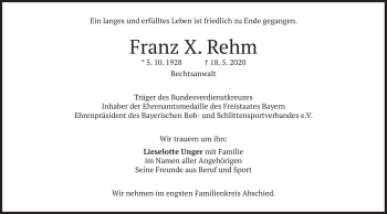 Todesanzeige von Franz X. Rehm von merkurtz