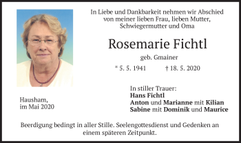 Todesanzeige von Rosemarie Fichtl von merkurtz