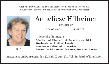 Todesanzeige von Anneliese Hillreiner von merkurtz