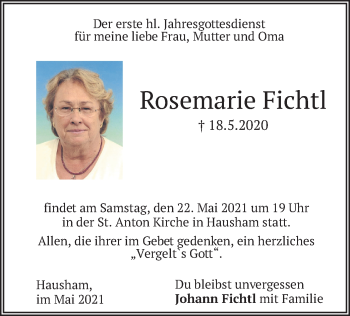 Todesanzeige von Rosemarie Fichtl von merkurtz