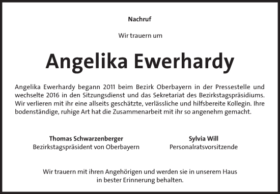 Todesanzeige von Angelika Ewerhardy von merkurtz