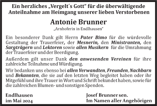 Todesanzeige von Antonie Brunner von merkurtz
