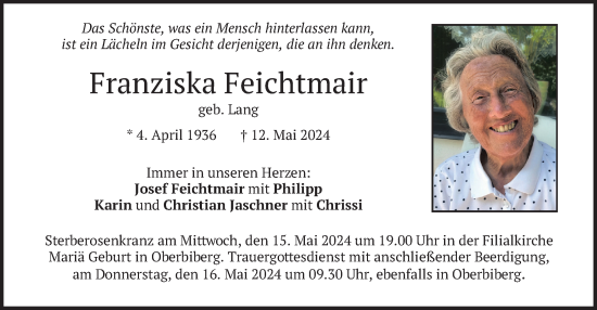 Todesanzeige von Franziska Feichtmair von merkurtz