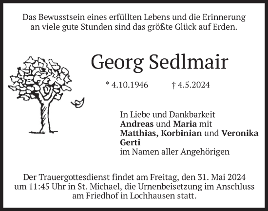Todesanzeige von Georg Sedlmair von merkurtz