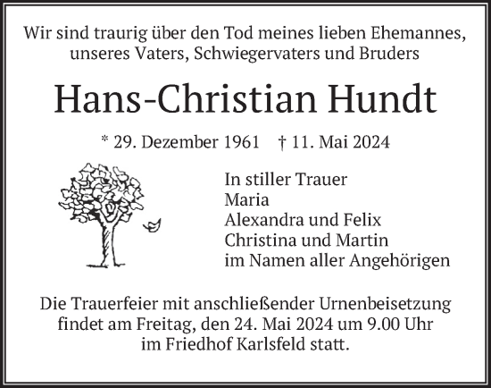 Todesanzeige von Hans-Christian Hundt von merkurtz