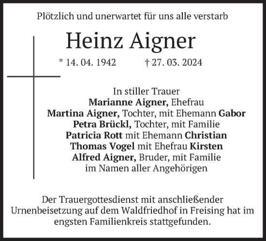 Todesanzeige von Heinz Aigner von merkurtz