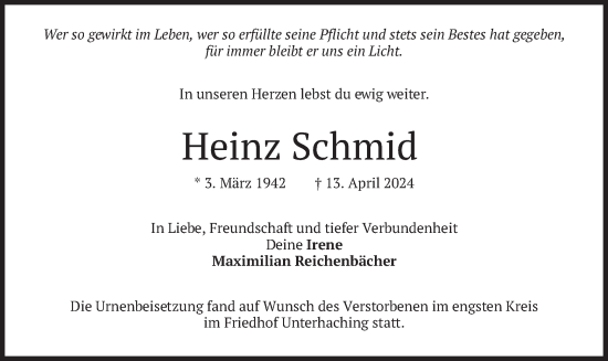 Todesanzeige von Heinz Schmid von merkurtz