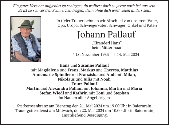 Todesanzeige von Johann Pallauf von merkurtz