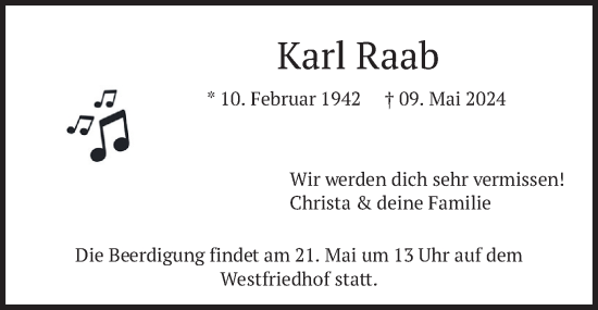 Todesanzeige von Karl Raab von merkurtz
