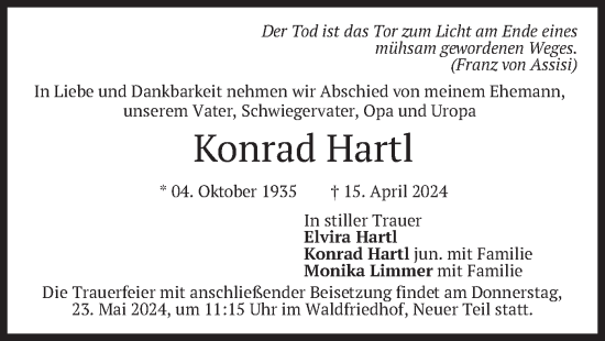 Todesanzeige von Konrad Hartl von merkurtz