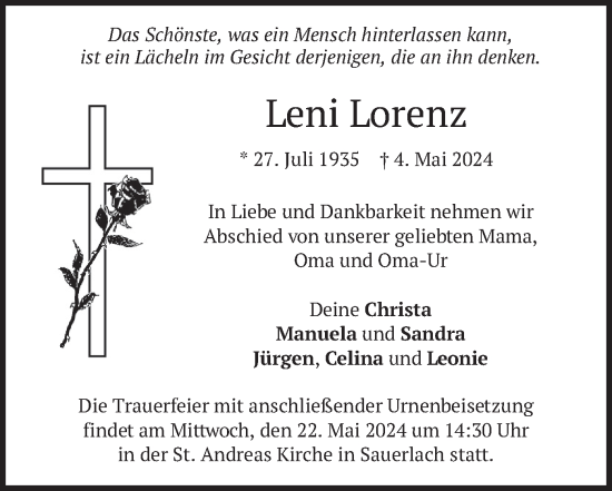 Todesanzeige von Leni Lorenz von merkurtz