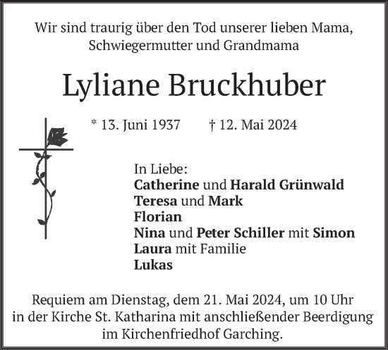 Todesanzeige von Lyliane Bruckhuber von merkurtz