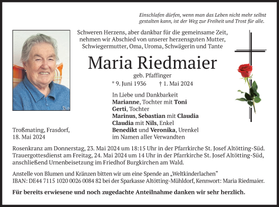 Todesanzeige von Maria Riedmaier von merkurtz