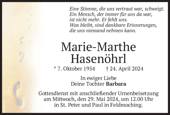 Todesanzeige von Marie-Marthe Hasenöhrl von merkurtz