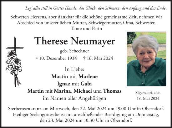 Todesanzeige von Therese Neumayer von merkurtz