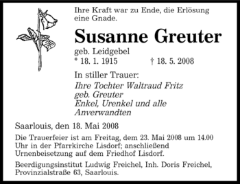 Todesanzeige von Susanne Greuter von SAARBRÜCKER ZEITUNG