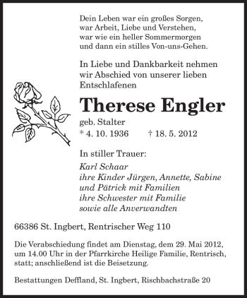 Todesanzeige von Therese Engler von SAARBRÜCKER ZEITUNG