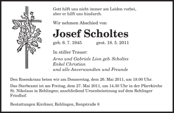 Todesanzeige von Josef Scholtes von SAARBRÜCKER ZEITUNG