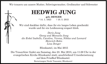Todesanzeige von Hedwig Jung von saarbruecker_zeitung