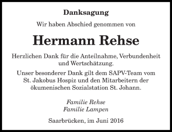 Todesanzeige von Hermann Rehse von saarbruecker_zeitung