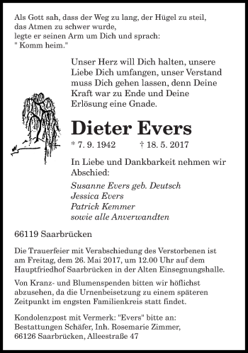 Todesanzeige von Dieter Evers von saarbruecker_zeitung