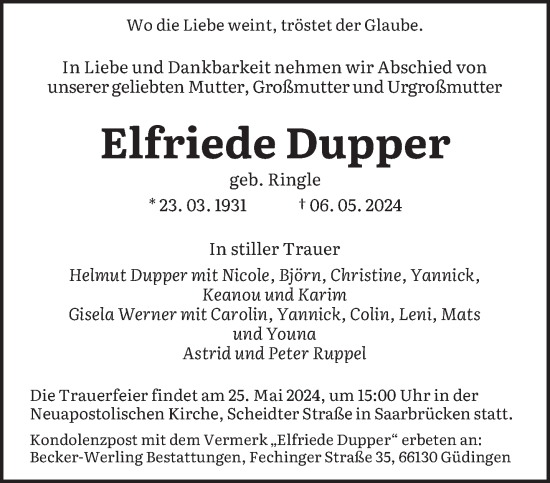Todesanzeige von Elfriede Dupper von saarbruecker_zeitung