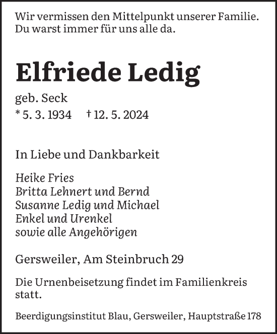 Todesanzeige von Elfriede Ledig von saarbruecker_zeitung