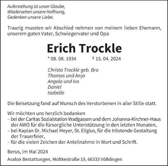 Todesanzeige von Erich Trockle von saarbruecker_zeitung