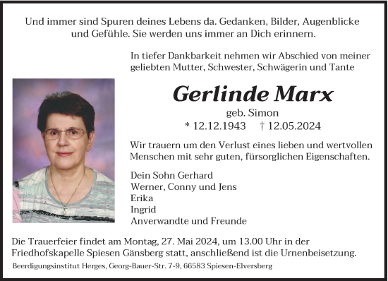 Todesanzeige von Gerlinde Marx von saarbruecker_zeitung