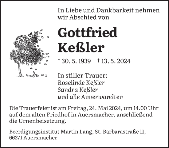 Todesanzeige von Gottfried Keßler von saarbruecker_zeitung