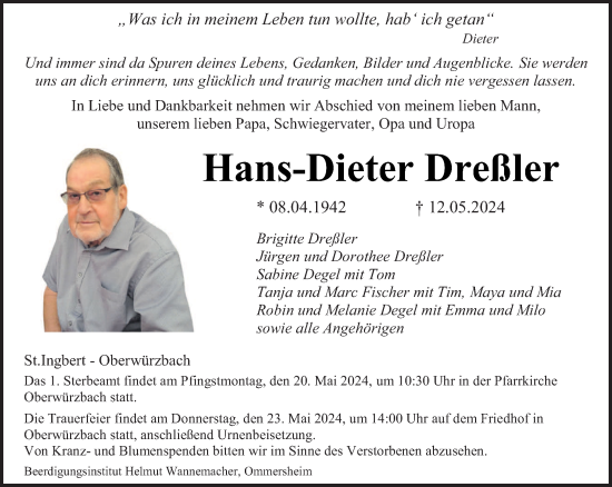 Todesanzeige von Hans-Dieter Dreßler von saarbruecker_zeitung