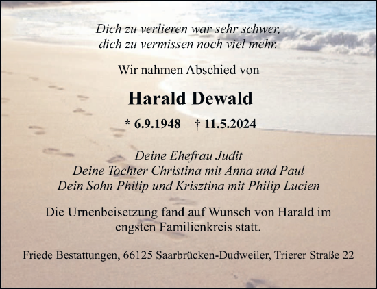 Todesanzeige von Harald Dewald von saarbruecker_zeitung