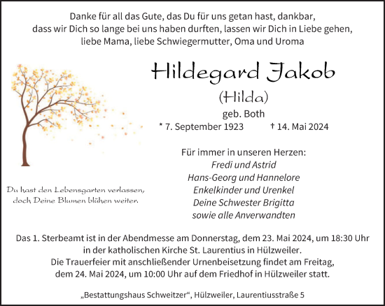 Todesanzeige von Hildegard Jakob von saarbruecker_zeitung
