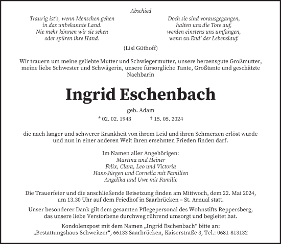 Todesanzeige von Ingrid Eschenbach von saarbruecker_zeitung