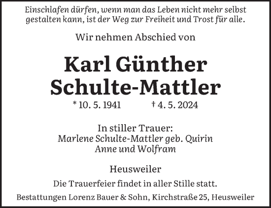 Todesanzeige von Karl Günther Schulte-Mattler von saarbruecker_zeitung