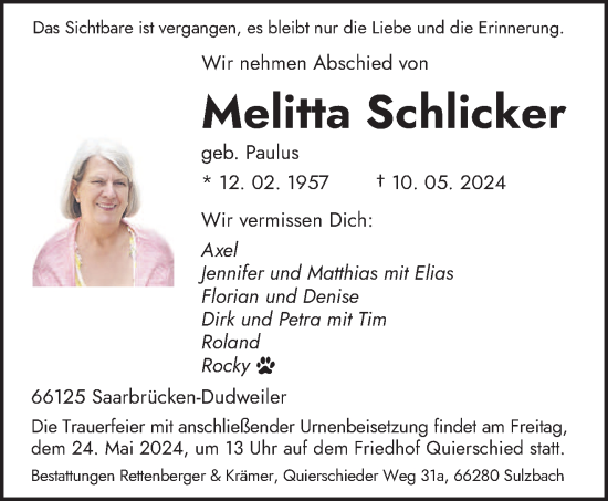 Todesanzeige von Melitta Schlicker von saarbruecker_zeitung