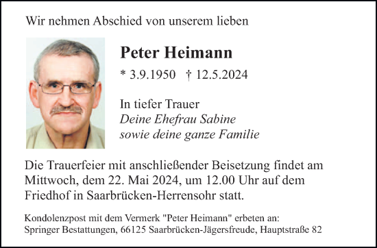 Todesanzeige von Peter Heimann von saarbruecker_zeitung