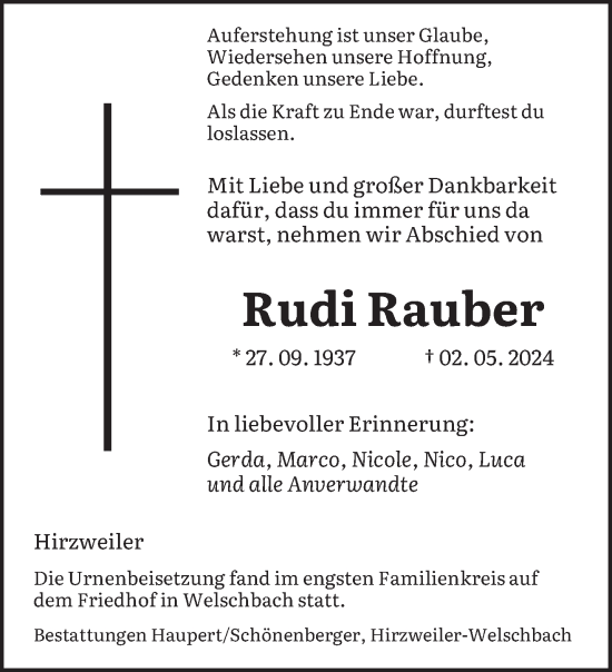 Todesanzeige von Rudi Rauber von saarbruecker_zeitung
