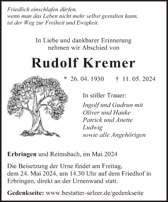 Todesanzeige von Rudolf Kremer von saarbruecker_zeitung