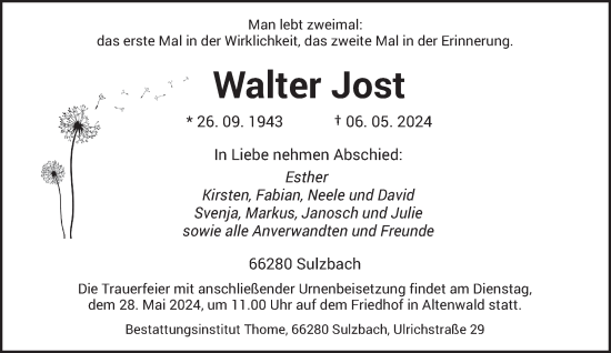 Todesanzeige von Walter Jost von saarbruecker_zeitung