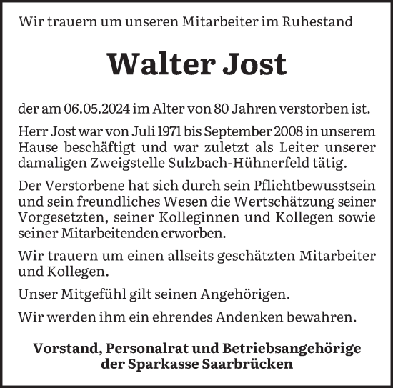 Todesanzeige von Walter Jost von saarbruecker_zeitung