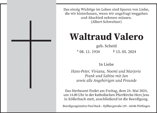Todesanzeige von Waltraud Valero von saarbruecker_zeitung