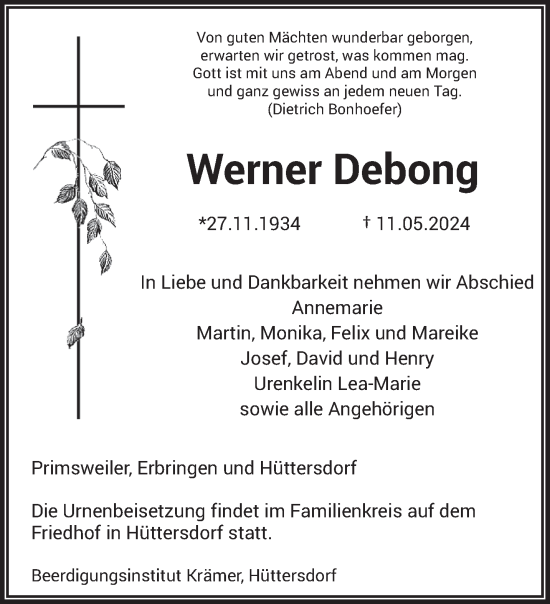 Todesanzeige von Werner Debong von saarbruecker_zeitung