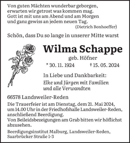 Todesanzeige von Wilma Schappe von saarbruecker_zeitung