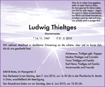 Todesanzeige von Ludwig Thieltges von TRIERISCHER VOLKSFREUND