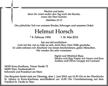 Todesanzeige von Helmut Horsch von TRIERISCHER VOLKSFREUND